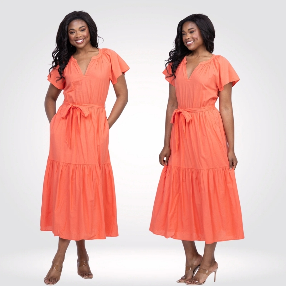 XiRENA Women's Joy Dress in Sugar Poppy Orange Cotton V-Neck Midi Size XS